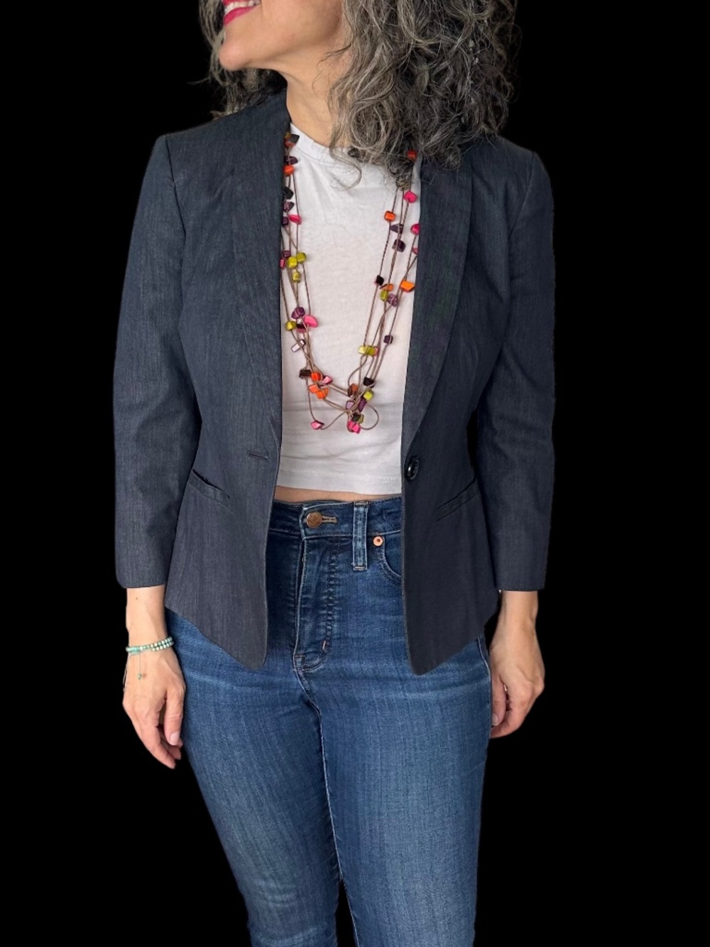 Ann Taylor Petite Chambray Blazer | Dark Blue Denim Look | Size 2P